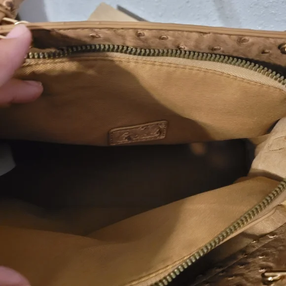 Ostrich Bow Faux Leather 3 Compartment Satchel - Camel - Picture 11 of 13